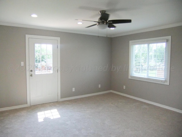 unfurnished room with carpet flooring, ornamental molding, and ceiling fan