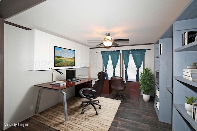 office area featuring dark hardwood / wood-style floors and ceiling fan