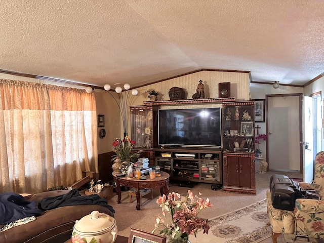 carpeted living room with a textured ceiling, crown molding, and vaulted ceiling