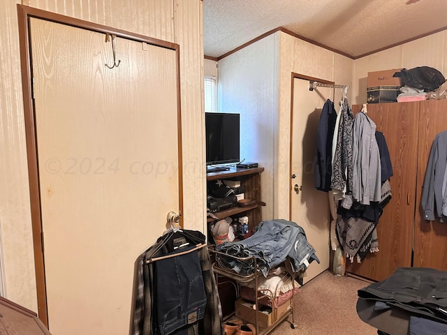 carpeted bedroom featuring a textured ceiling and crown molding