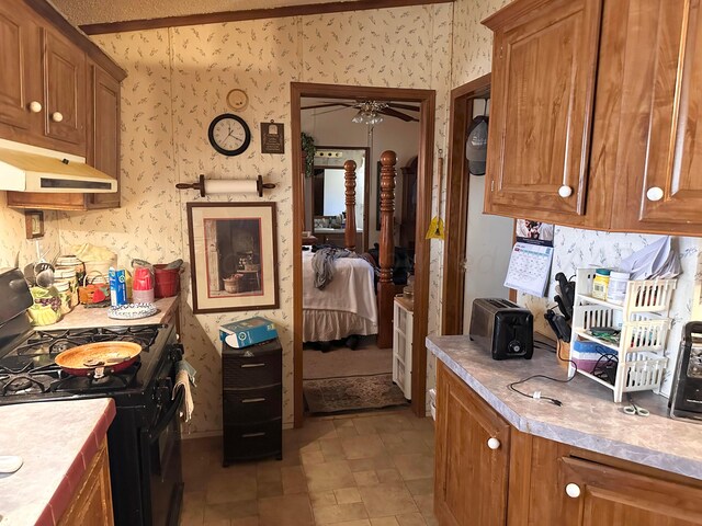 kitchen with gas range gas stove and ceiling fan