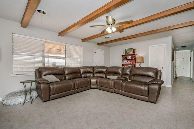 1709 Sunset Ave, Dumas, TX 79029 - living area with beam ceiling, ceiling fan, and light tile patterned floors