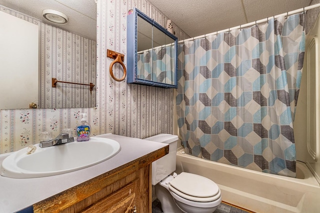 full bathroom featuring toilet, shower / tub combo, vanity, and a textured ceiling