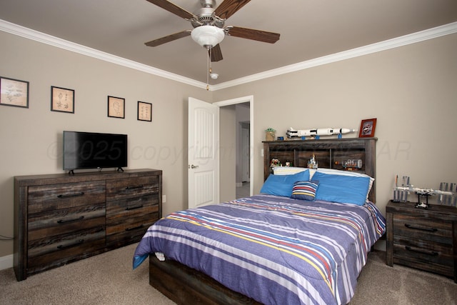 bedroom with ornamental molding, carpet floors, and ceiling fan