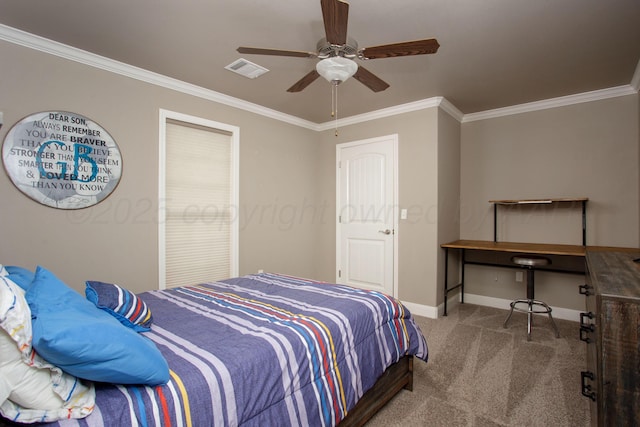 bedroom with ceiling fan, crown molding, and carpet