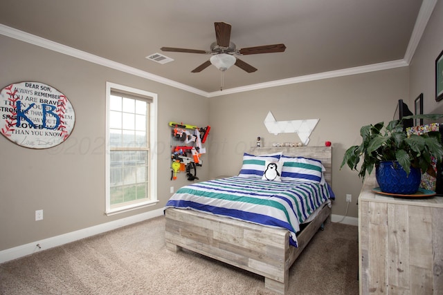 bedroom featuring carpet floors, ceiling fan, and ornamental molding