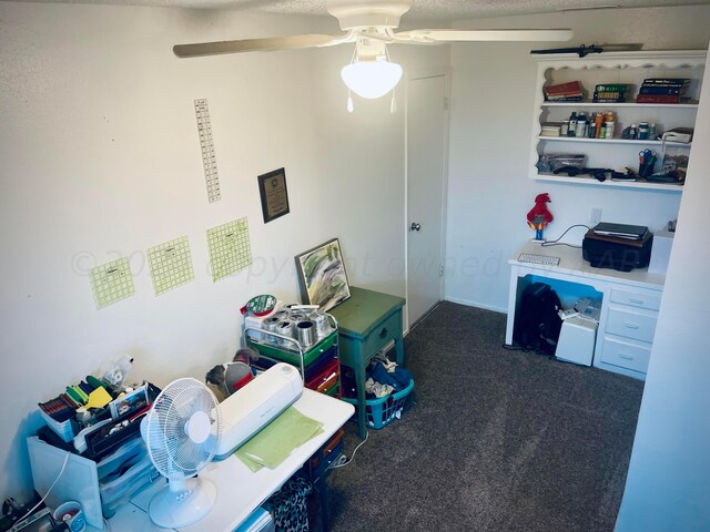 interior space featuring ceiling fan, dark colored carpet, and a textured ceiling