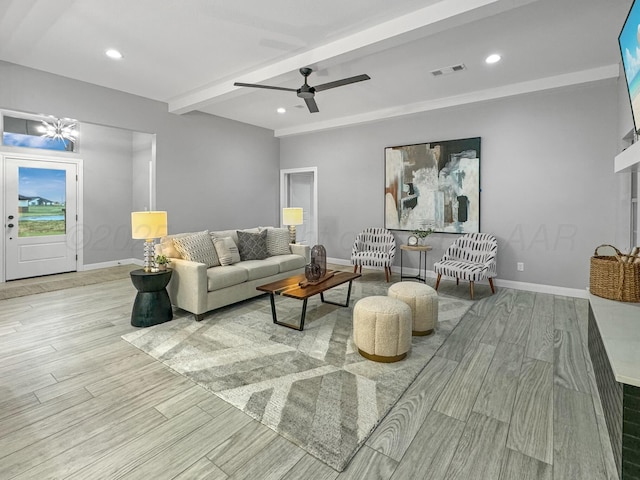 19150 Pecan Springs Rd, Amarillo, TX 79119 - living room featuring beam ceiling, baseboards, wood finished floors, recessed lighting, and ceiling fan