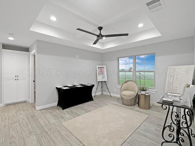 19150 Pecan Springs Rd, Amarillo, TX 79119 - office featuring light wood-style flooring, recessed lighting, coffered ceiling, baseboards, and a ceiling fan