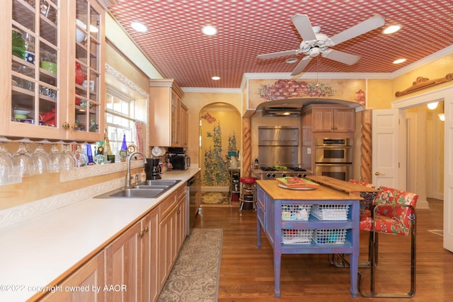 1607 S Harrison St, Amarillo, TX 79102 - kitchen featuring arched walkways, a sink, ornamental molding, appliances with stainless steel finishes, and glass insert cabinets