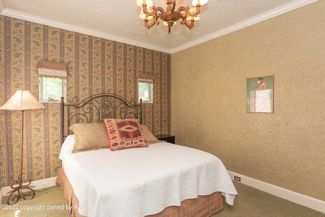 carpeted bedroom featuring multiple windows, an inviting chandelier, and ornamental molding