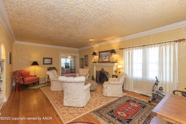 1607 S Harrison St, Amarillo, TX 79102 - living area featuring wood finished floors, a textured ceiling, ornamental molding, a fireplace, and a textured wall