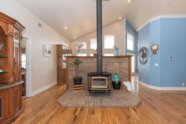 living room with a wood stove, a healthy amount of sunlight, and wood-type flooring