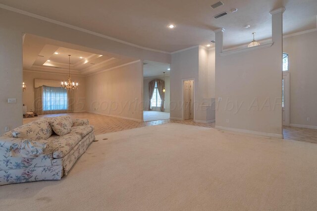 7402 Park Ridge Dr, Amarillo, TX 79119 - unfurnished living room with carpet floors, healthy amount of natural light, a chandelier, crown molding, and baseboards