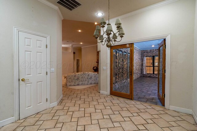 7402 Park Ridge Dr, Amarillo, TX 79119 - unfurnished dining area featuring a chandelier, ornamental molding, baseboards, and recessed lighting