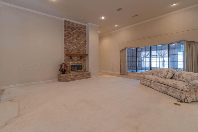 7402 Park Ridge Dr, Amarillo, TX 79119 - carpeted living room featuring ornamental molding, recessed lighting, a fireplace, and baseboards