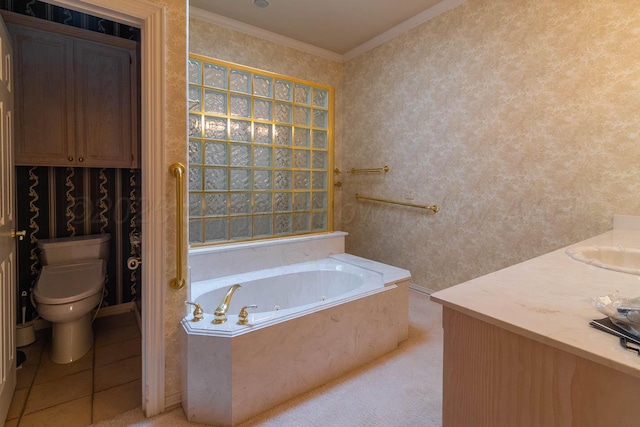 7402 Park Ridge Dr, Amarillo, TX 79119 - full bath featuring vanity, a jetted tub, toilet, ornamental molding, and wallpapered walls