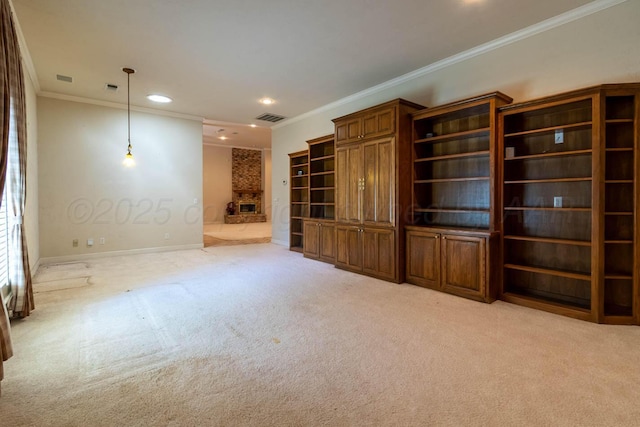 7402 Park Ridge Dr, Amarillo, TX 79119 - unfurnished living room featuring crown molding, carpet flooring, recessed lighting, baseboards, and a fireplace