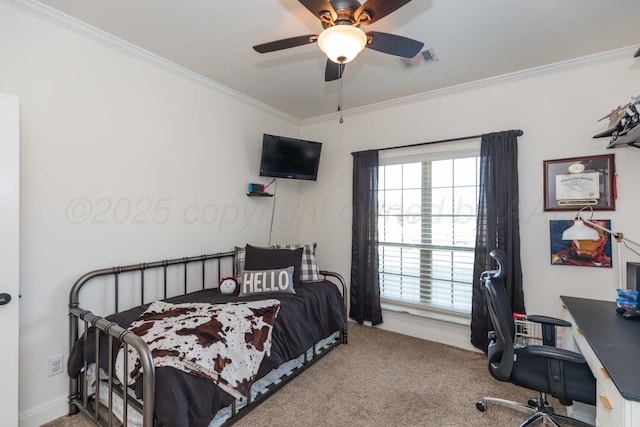 25 Nicci Ln, Canyon, TX 79015 - bedroom featuring ornamental molding, carpet floors, an office area, and a ceiling fan