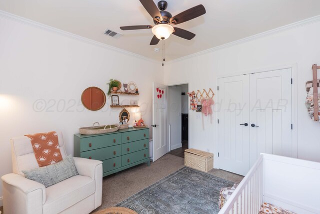 25 Nicci Ln, Canyon, TX 79015 - carpeted bedroom with ornamental molding, a closet, and ceiling fan