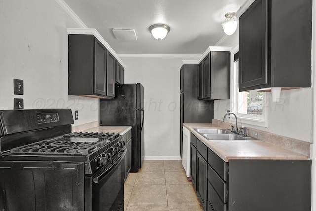 kitchen featuring black appliances, a sink, light countertops, crown molding, and dark cabinets