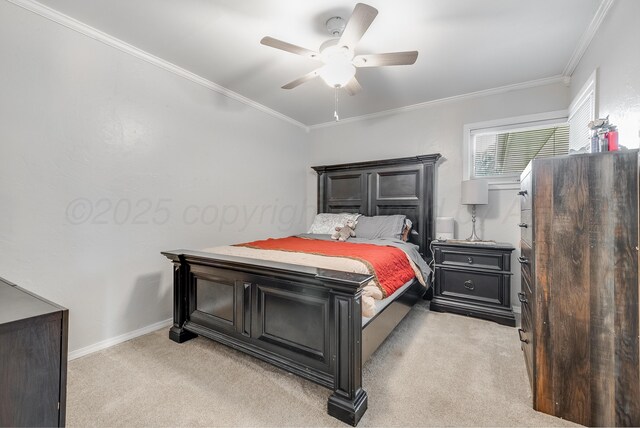 123 Bellaire Ave, Dumas, TX 79029 - bedroom with light carpet, crown molding, baseboards, and a ceiling fan