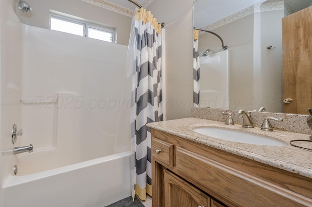 full bathroom with shower / tub combo and vanity