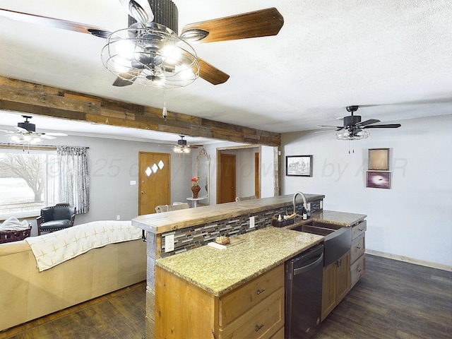 kitchen with sink, a kitchen island with sink, black dishwasher, a textured ceiling, and dark hardwood / wood-style flooring