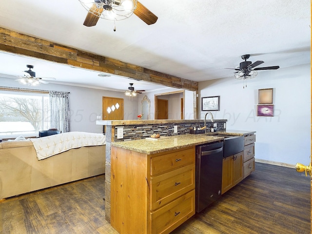 kitchen with dishwashing machine, sink, beam ceiling, dark hardwood / wood-style floors, and a center island with sink