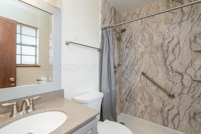 full bathroom featuring toilet, vanity, and a tile shower