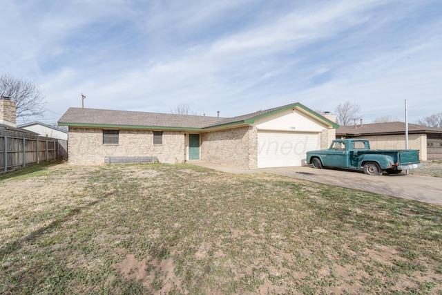 ranch-style home with an attached garage, fence, concrete driveway, and brick siding