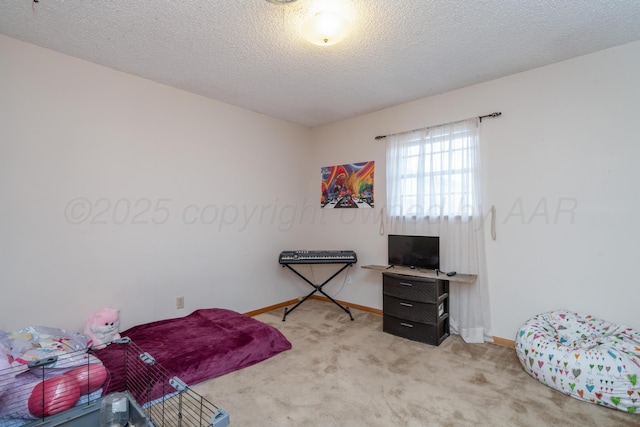 bedroom with light colored carpet, baseboards, and a textured ceiling