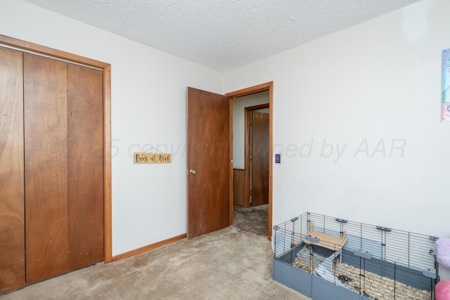 bedroom featuring carpet floors, baseboards, a closet, and a textured ceiling
