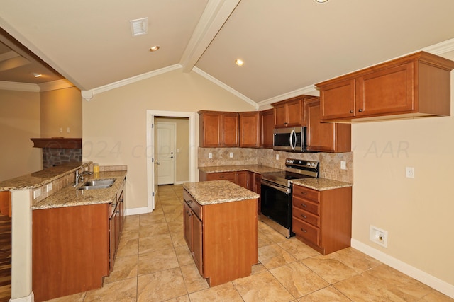 9315 Gaston Ave, Amarillo, TX 79119 - kitchen with sink, stainless steel appliances, light stone counters, lofted ceiling with beams, and kitchen peninsula