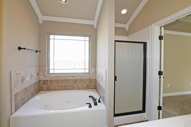 9315 Gaston Ave, Amarillo, TX 79119 - bathroom with crown molding, independent shower and bath, and lofted ceiling