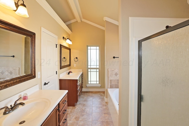 9315 Gaston Ave, Amarillo, TX 79119 - bathroom with tile patterned floors, crown molding, lofted ceiling, shower with separate bathtub, and vanity