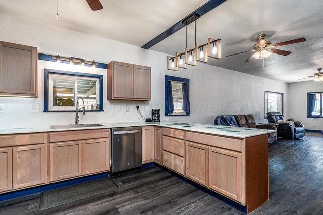 kitchen featuring hanging light fixtures, kitchen peninsula, dark wood-type flooring, and dishwasher