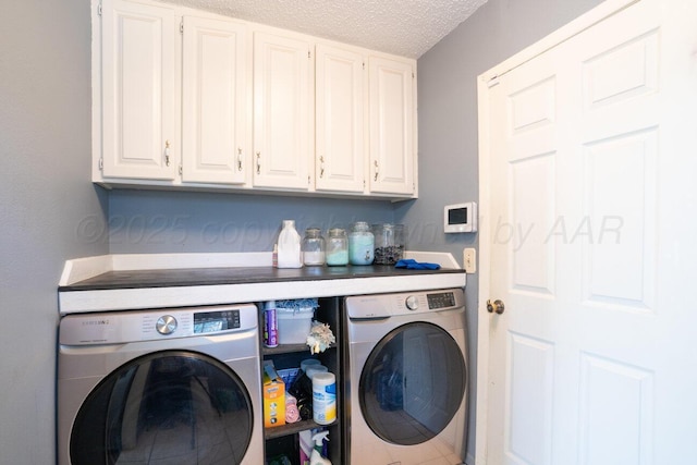 5216 Westway Trl, Amarillo, TX 79109 - laundry room with washing machine and clothes dryer, a textured ceiling, and cabinet space