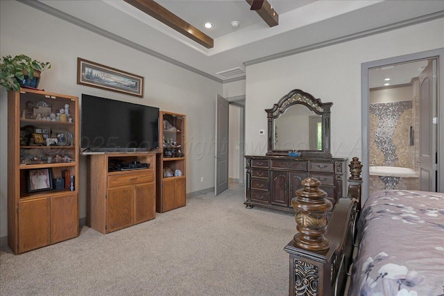 8205 S Liberty Cir, Amarillo, TX 79119 - bedroom featuring light carpet, connected bathroom, recessed lighting, and ornamental molding