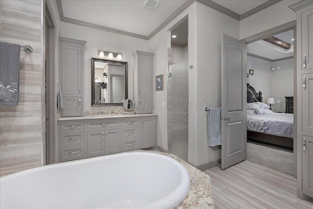 8205 S Liberty Cir, Amarillo, TX 79119 - bathroom featuring ornamental molding, a shower stall, vanity, ensuite bathroom, and a bathtub