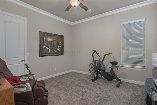 8205 S Liberty Cir, Amarillo, TX 79119 - exercise area with carpet, ceiling fan, and crown molding