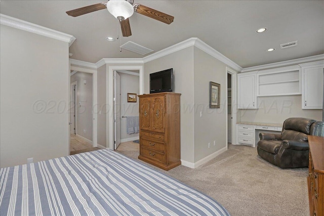8205 S Liberty Cir, Amarillo, TX 79119 - bedroom with recessed lighting, light colored carpet, crown molding, and a ceiling fan