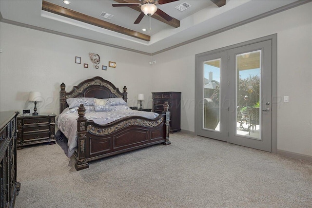 8205 S Liberty Cir, Amarillo, TX 79119 - bedroom with access to outside, carpet floors, a tray ceiling, recessed lighting, and a ceiling fan