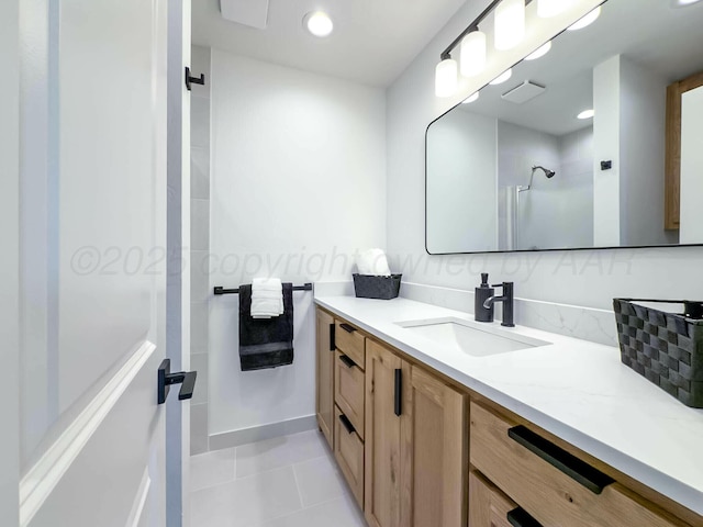 full bath with tile patterned flooring, recessed lighting, visible vents, vanity, and a shower