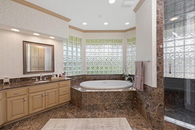 3506 Van Winkle Dr, Amarillo, TX 79121 - full bathroom featuring a bath, a tile shower, marble finish floor, vanity, and ornamental molding