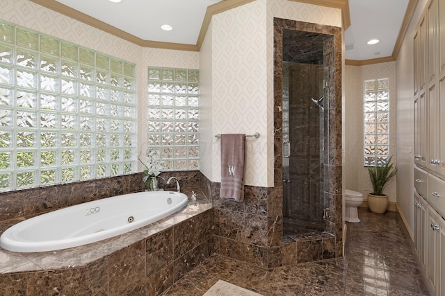3506 Van Winkle Dr, Amarillo, TX 79121 - bathroom with a stall shower, toilet, and crown molding