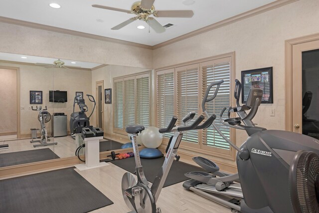 3506 Van Winkle Dr, Amarillo, TX 79121 - exercise area with ceiling fan, ornamental molding, visible vents, and recessed lighting