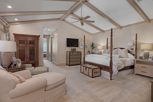 3506 Van Winkle Dr, Amarillo, TX 79121 - bedroom featuring light colored carpet, lofted ceiling with beams, ceiling fan, and recessed lighting