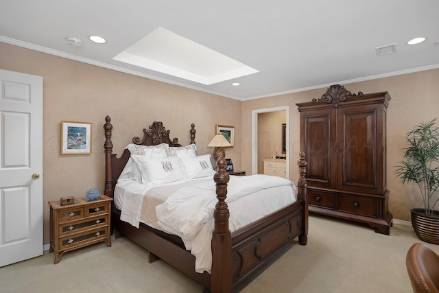 3506 Van Winkle Dr, Amarillo, TX 79121 - bedroom with ornamental molding, visible vents, a skylight, and light carpet
