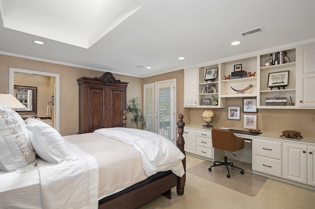 3506 Van Winkle Dr, Amarillo, TX 79121 - bedroom featuring built in desk, visible vents, crown molding, and recessed lighting